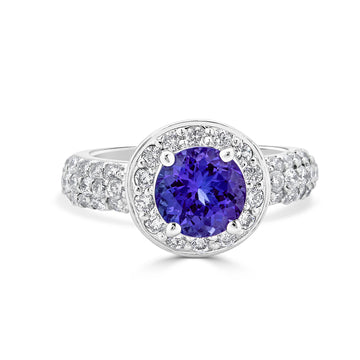 2.04 ct AAAA Round Tanzanite Ring with 1 cttw Diamond in 14K White Gold