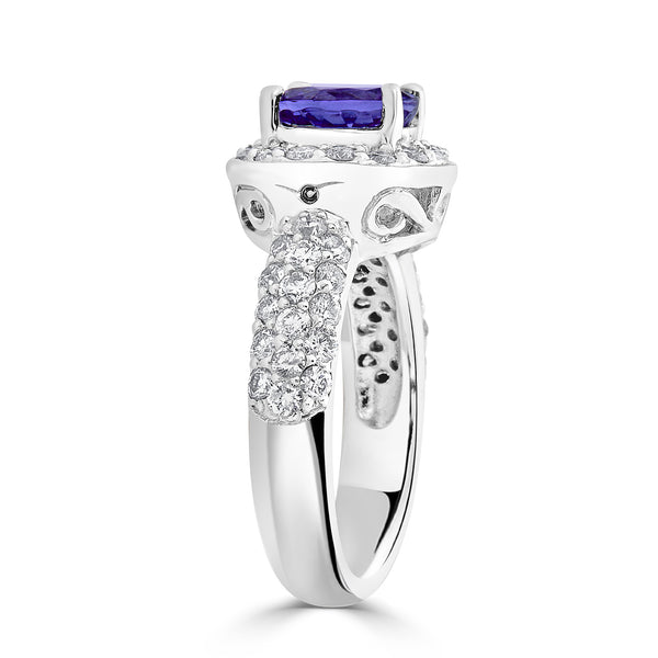 2.04 ct AAAA Round Tanzanite Ring with 1 cttw Diamond in 14K White Gold