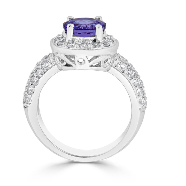 2.04 ct AAAA Round Tanzanite Ring with 1 cttw Diamond in 14K White Gold