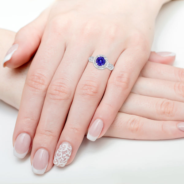 2.04 ct AAAA Round Tanzanite Ring with 1 cttw Diamond in 14K White Gold
