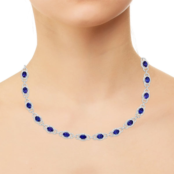 25.59 ct AAAA Oval Tanzanite Necklace with 6.64 cttw Diamond in 14K White Gold