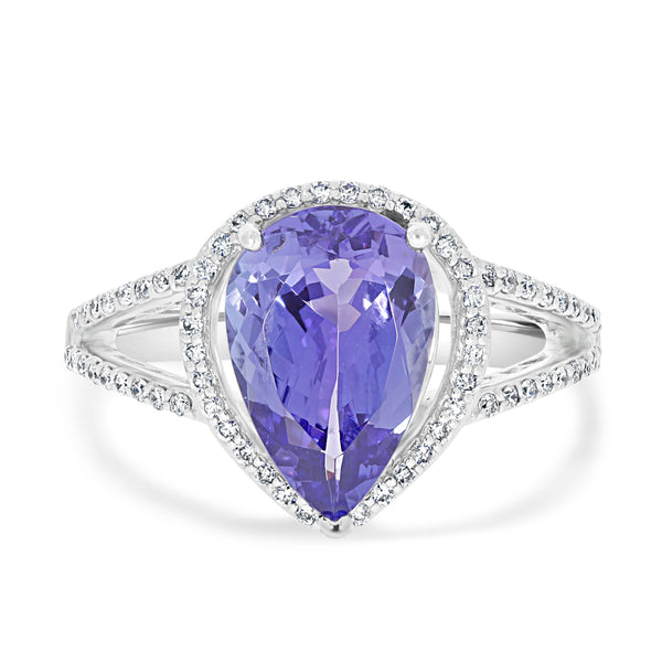 3.5 ct AAA Pear Tanzanite Ring with 0.24 cttw Diamond in 14K White Gold