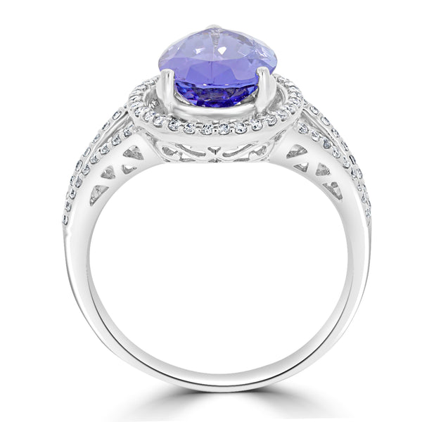 3.5 ct AAA Pear Tanzanite Ring with 0.24 cttw Diamond in 14K White Gold