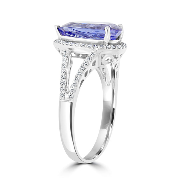 3.5 ct AAA Pear Tanzanite Ring with 0.24 cttw Diamond in 14K White Gold