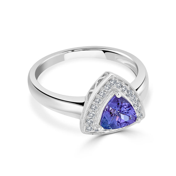 1.10 ct AAAA Trillion Tanzanite Ring with 0.16 cttw Diamond in 14K White Gold