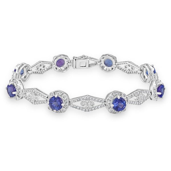 11.22 ct AAAA Round Tanzanite Bracelet with 2.33 cttw Diamond in 14K White Gold