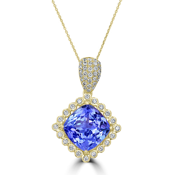 10.61ct AAAA Cushion Tanzanite Pendants with 0.83 cttw Diamond in 18K Yellow Gold