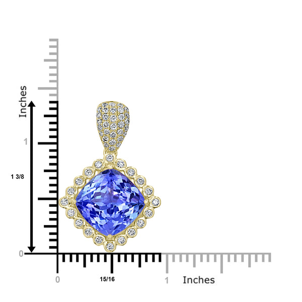 10.61ct AAAA Cushion Tanzanite Pendants with 0.83 cttw Diamond in 18K Yellow Gold