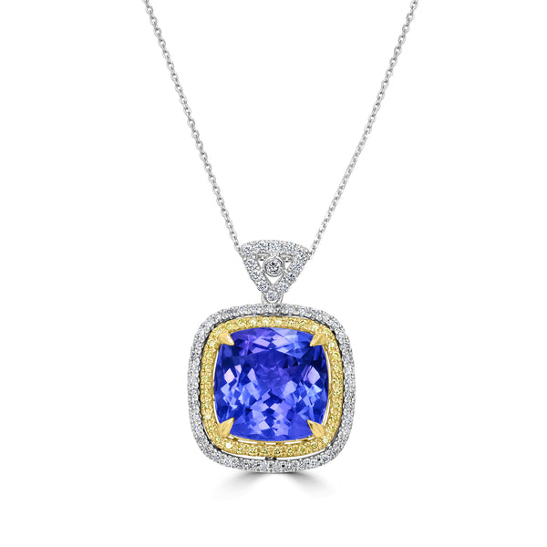 10.50ct AAAA Cushion Tanzanite Pendants with 0.6 cttw Diamond in 18K Two Tone Gold