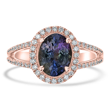 1.56ct AAAA Oval Tanzanite Rings with 0.33 cttw Diamond in 14K Rose Gold