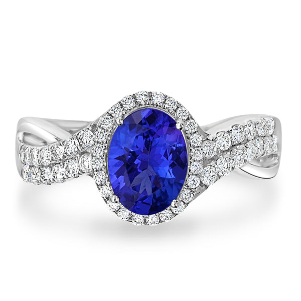 1.37ct AAAA Oval Tanzanite Rings with 0.44 cttw Diamond in 14K White Gold