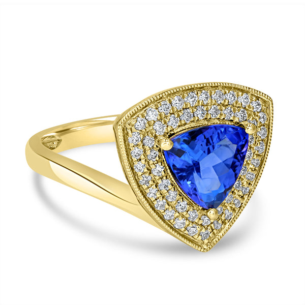 1.68ct AAAA Trillion Tanzanite Rings with 0.29 cttw Diamond in 14K Yellow Gold