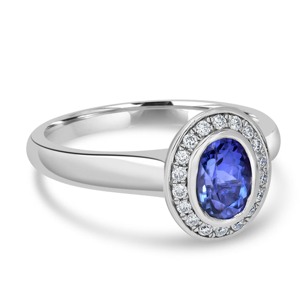 0.93ct AAAA Oval Tanzanite Rings with 0.14 cttw Diamond in 14K White Gold
