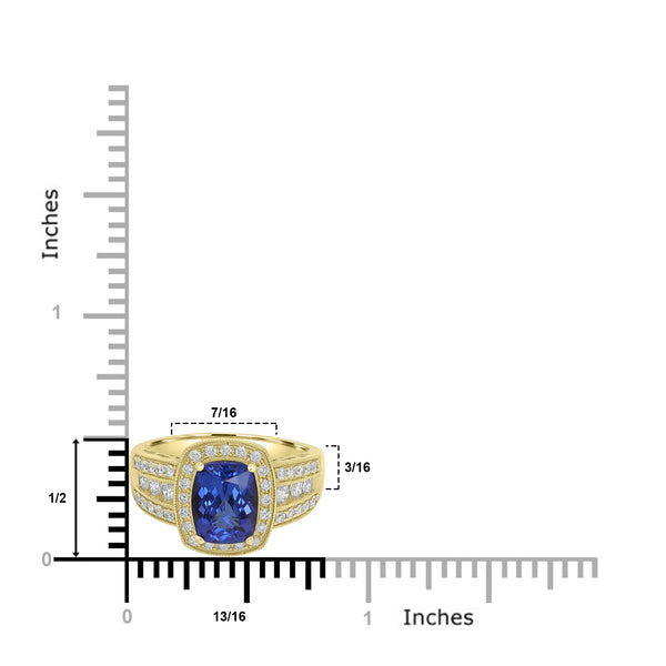 2.3ct AAAA Cushion Tanzanite Ring With 0.59 cttw Diamond in 14K Yellow Gold