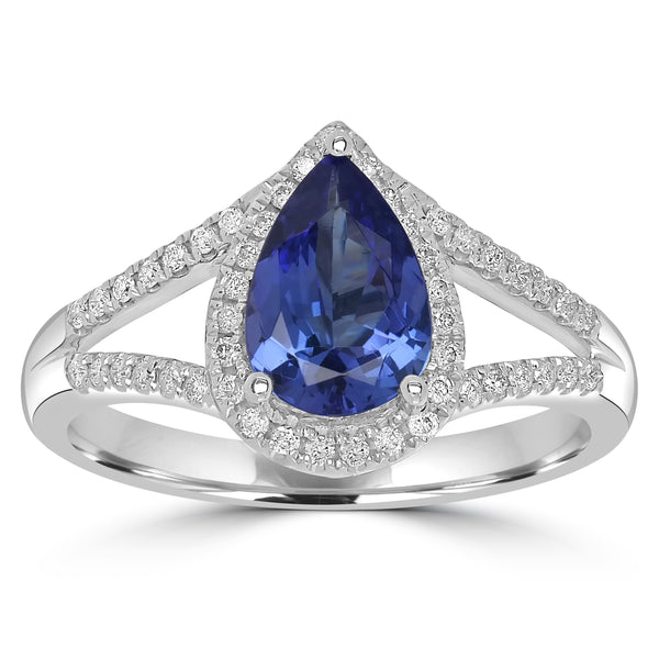 1.25ct AAAA Pear Tanzanite Ring With 0.2 cttw Diamond in 14K White Gold