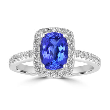 1.59ct AAAA Cushion Tanzanite Ring With 0.31 cttw Diamond in 14K White Gold