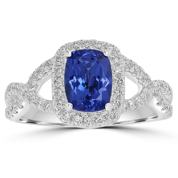 1.52ct AAAA Cushion Tanzanite Ring With 0.53 cttw Diamond in 14K White Gold