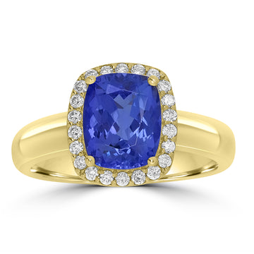 2.14ct AAAA Cushion Tanzanite Ring With 0.21 cttw Diamond in 18K Yellow Gold