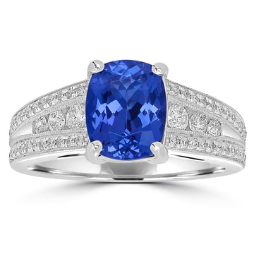 1.77ct AAAA Cushion Tanzanite Ring With 0.45 cttw Diamond in 14K White Gold