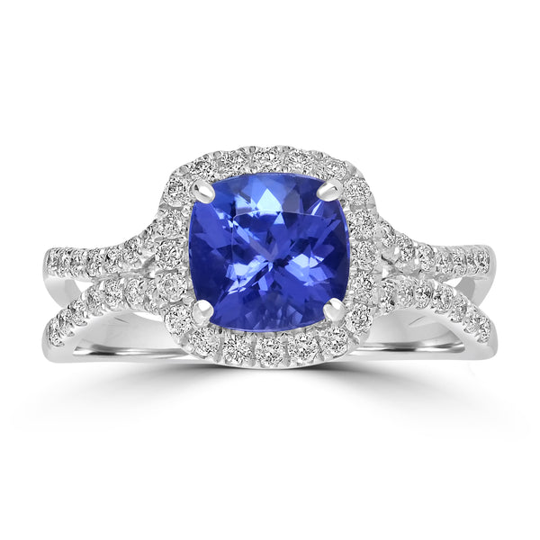 1.49ct AAAA Cushion Tanzanite Ring With 0.43 cttw Diamond in 14K White Gold