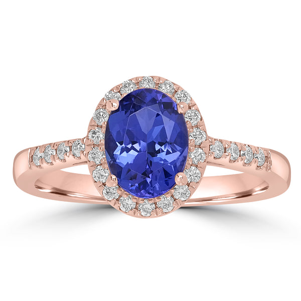 1.34ct AAAA Oval Tanzanite Ring With 0.21 cttw Diamond in 14K Rose Gold
