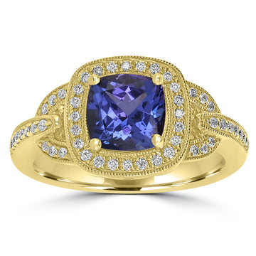 1.65ct AAAA Cushion Tanzanite Ring With 0.23 cttw Diamond in 14K Yellow Gold
