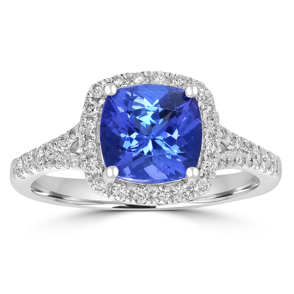 1.79ct AAAA Cushion Tanzanite Ring With 0.32 cttw Diamond in 14K White Gold