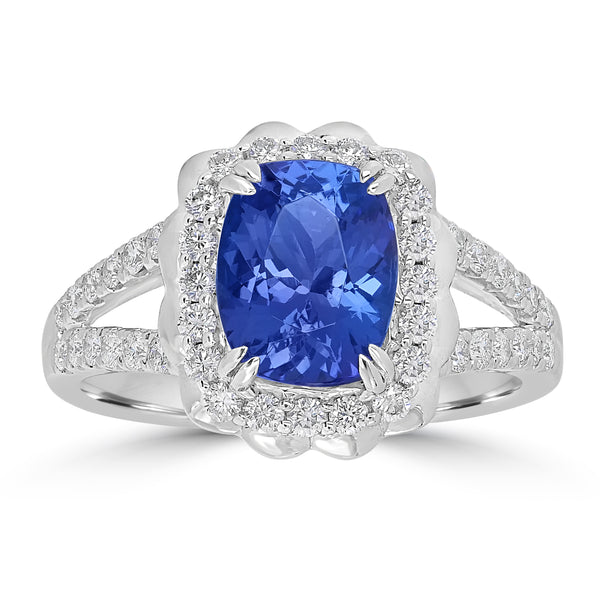 1.72ct AAAA Cushion Tanzanite Ring With 0.55 cttw Diamond in 14K White Gold