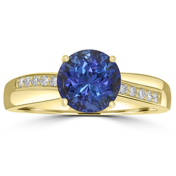 2.03ct AAAA Round Tanzanite Ring With 0.09 cttw Diamond in 18K Yellow Gold