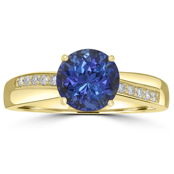 2.03ct AAAA Round Tanzanite Ring With 0.09 cttw Diamond in 18K Yellow Gold