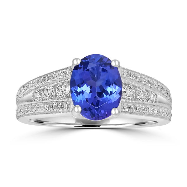1.8ct AAAA Oval Tanzanite Ring With 0.45 cttw Diamond in 14K White Gold