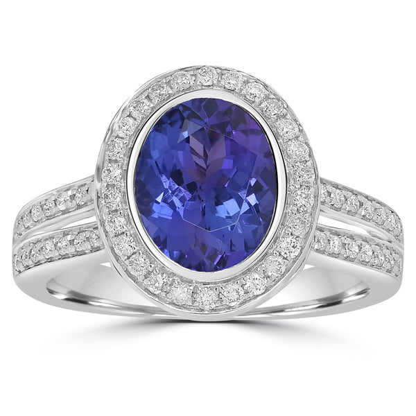 1.92ct AAAA Oval Tanzanite Ring With 0.3 cttw Diamond in 14K White Gold