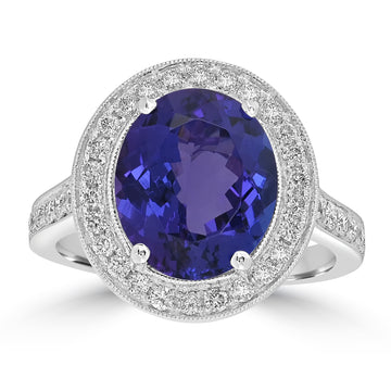 4.68ct AAAA Oval Tanzanite Ring With 0.52 cttw Diamond in 14K White Gold