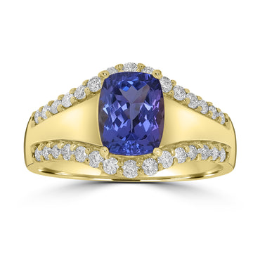 1.88ct AAAA Cushion Tanzanite Ring With 0.45 cttw Diamond in 14K Yellow Gold