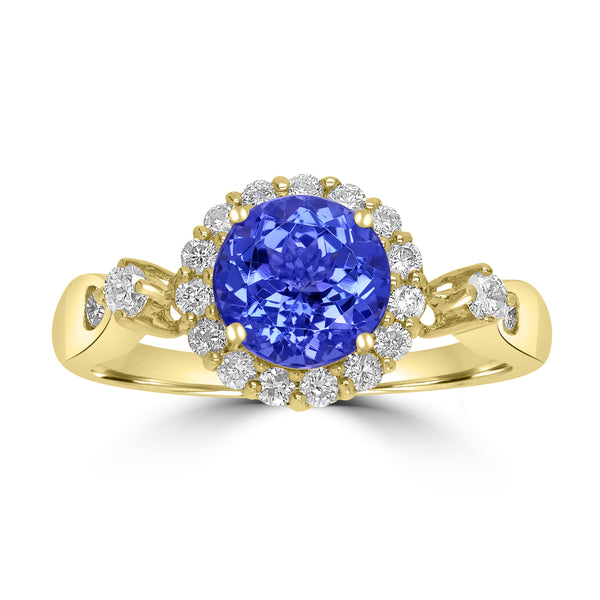 2ct AAAA Round Tanzanite Ring With 0.47 cttw Diamond in 14K Yellow Gold