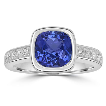 2.26ct AAAA Cushion Tanzanite Ring With 0.3 cttw Diamond in 14K White Gold