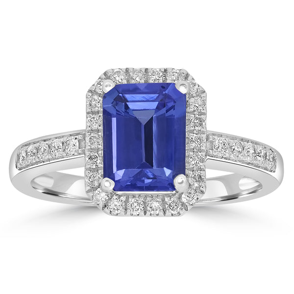 1.53ct AAAA Emerald Cut Tanzanite Ring With 0.29 cttw Diamond in 14K White Gold