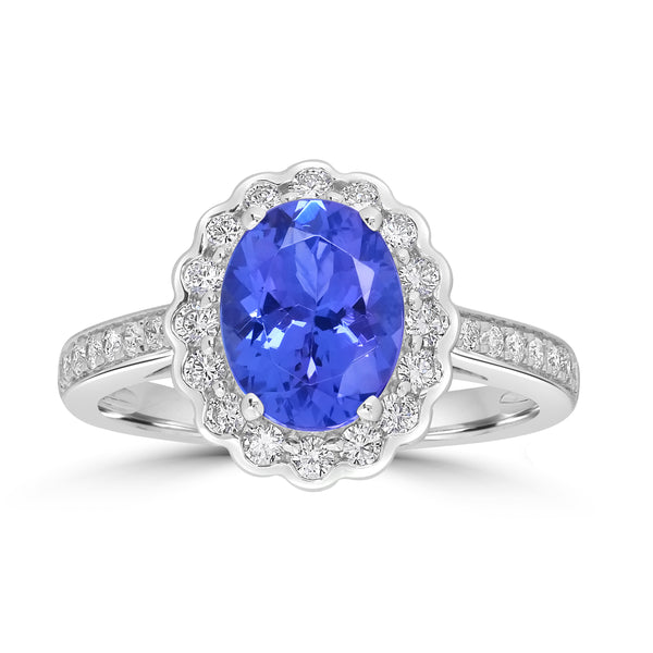2.01ct AAAA Oval Tanzanite Ring With 0.42 cttw Diamond in 14K White Gold
