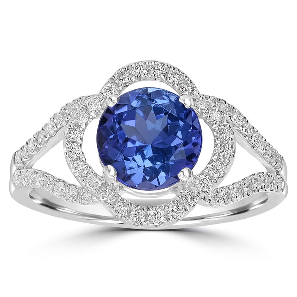 1.68ct AAAA Round Tanzanite Ring With 0.33 cttw Diamond in 14K White Gold