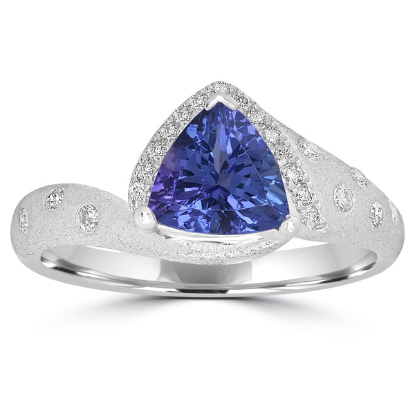 1.21ct AAAA Trillion Tanzanite Ring With 0.16 cttw Diamond in 14K White Gold