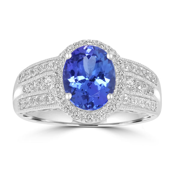2.12ct AAAA Oval Tanzanite Ring With 0.56 cttw Diamond in 14K White Gold