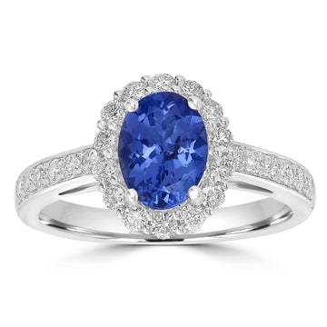 1.8ct AAAA Oval Tanzanite Ring With 0.45 cttw Diamond in 14K White Gold