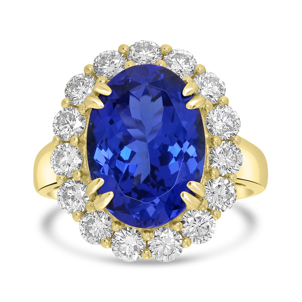 5.88ct AAAA Oval Tanzanite Ring With 1.53 cttw Diamond in 14K Yellow Gold