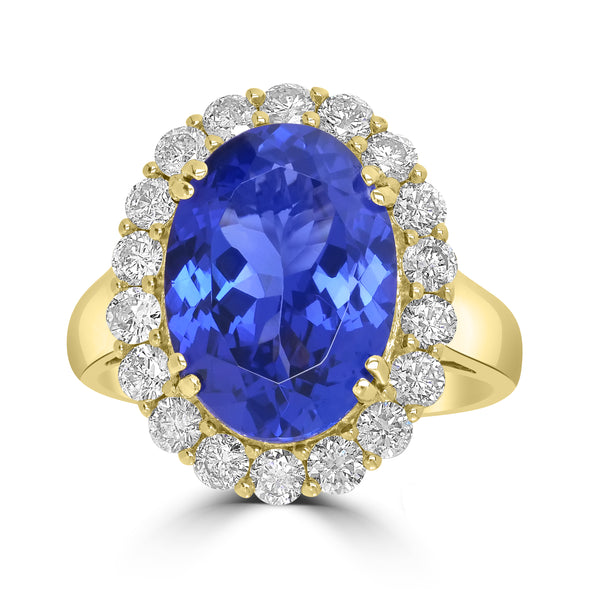 6.12ct AAAA Oval Tanzanite Ring With 1.08 cttw Diamond in 14K Yellow Gold
