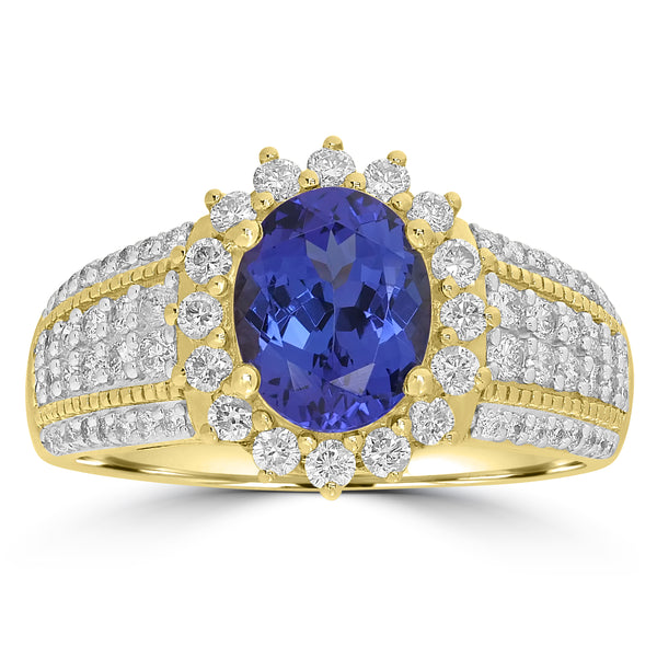 1.74ct AAAA Oval Tanzanite Ring With 0.76 cttw Diamond in 14K Yellow Gold