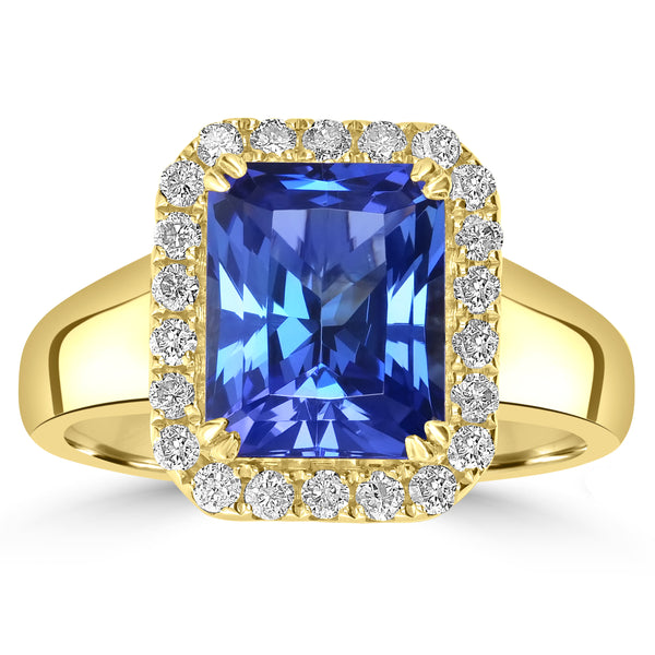 3.62ct AAAA Emerald Cut Tanzanite Ring With 0.38 cttw Diamond in 14K Yellow Gold