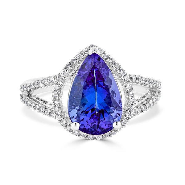 3.38 ct AAAA Pear Tanzanite Ring with 0.33 cttw Diamond in 14K White Gold