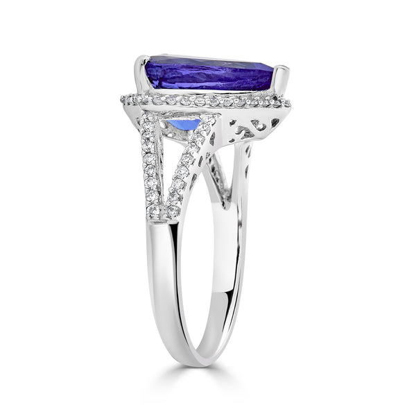 3.38 ct AAAA Pear Tanzanite Ring with 0.33 cttw Diamond in 14K White Gold