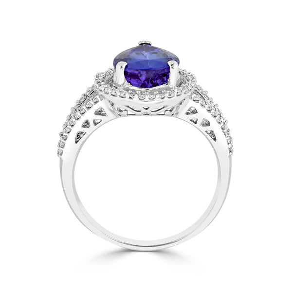 3.38 ct AAAA Pear Tanzanite Ring with 0.33 cttw Diamond in 14K White Gold