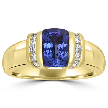 1.71ct AAAA Cushion Tanzanite Ring With 0.23 cttw Diamond in 18K Yellow Gold